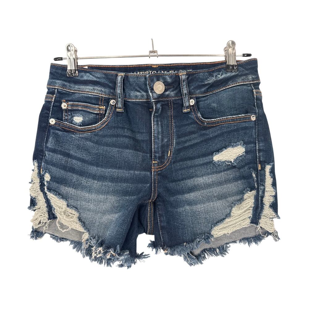 American Eagle Womens Super Stretch Midi Blue Denim Distressed Shorts size 8